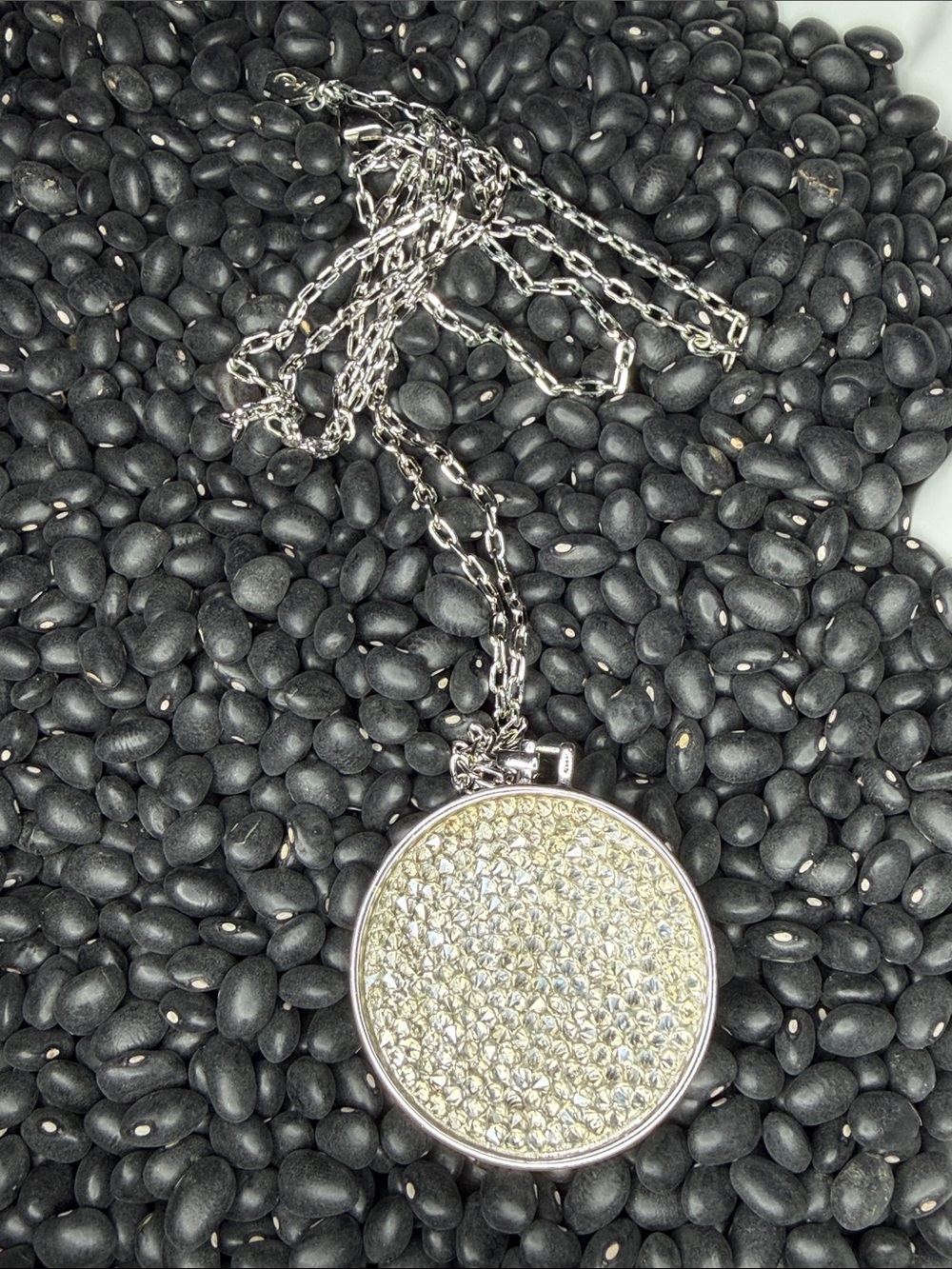Silver Crystal and Black Pave Round Pendant Necklace - Women's Jewelry